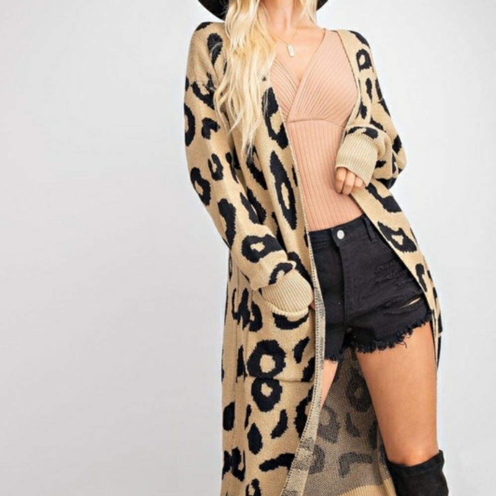 Leopard Print Sweater Cardigan Duster w/ Pockets - Picture 3 of 5